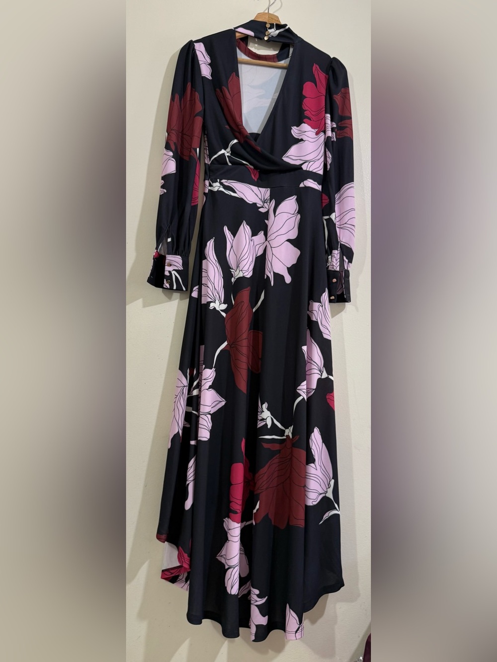 Karen Millen Black Maxi Dress with Pink & Burgundy Floral